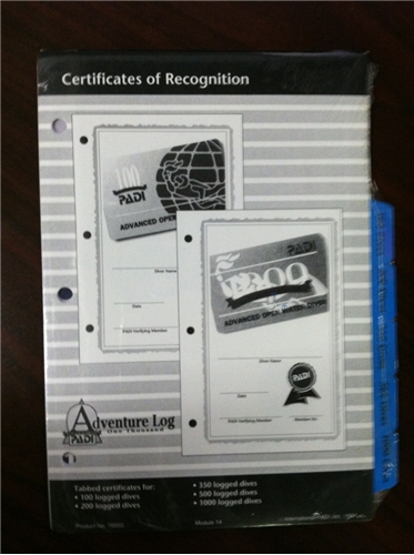 PADI Certificates of Recogniation Log Pages - CLOSEOUT