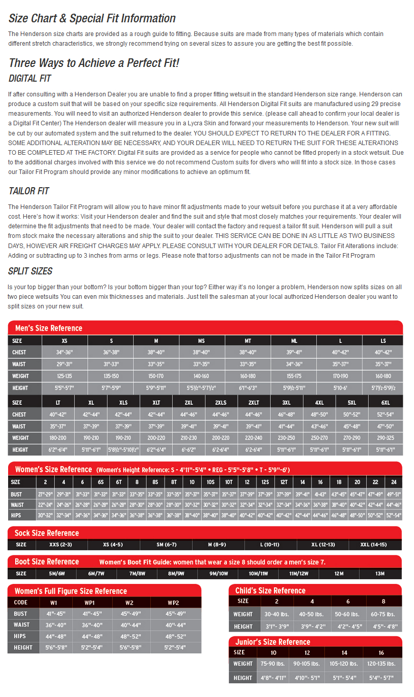 Henderson Hyperstretch Size Chart