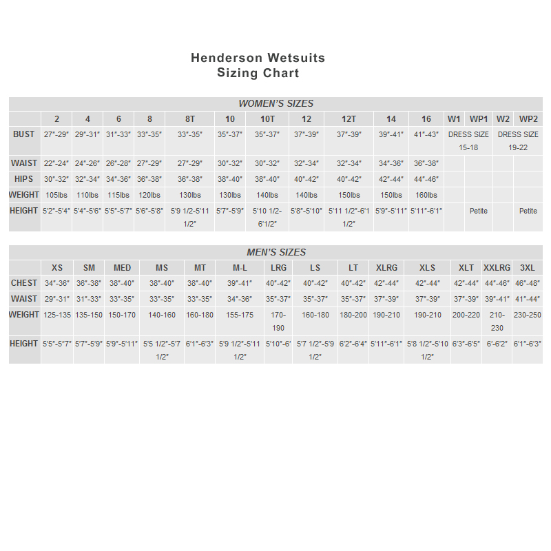 Henderson Hyperstretch Size Chart