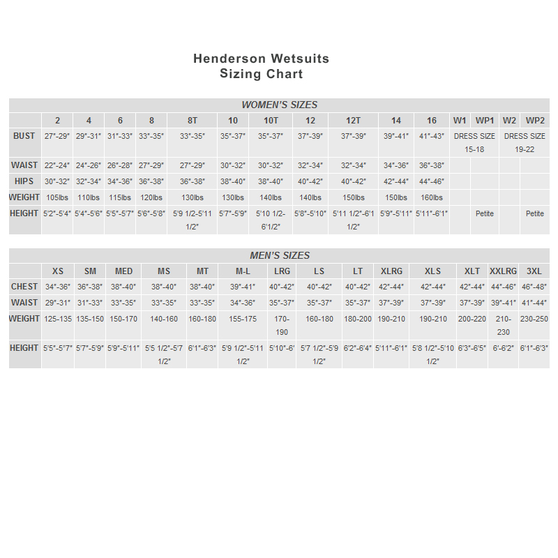 Henderson Size Chart