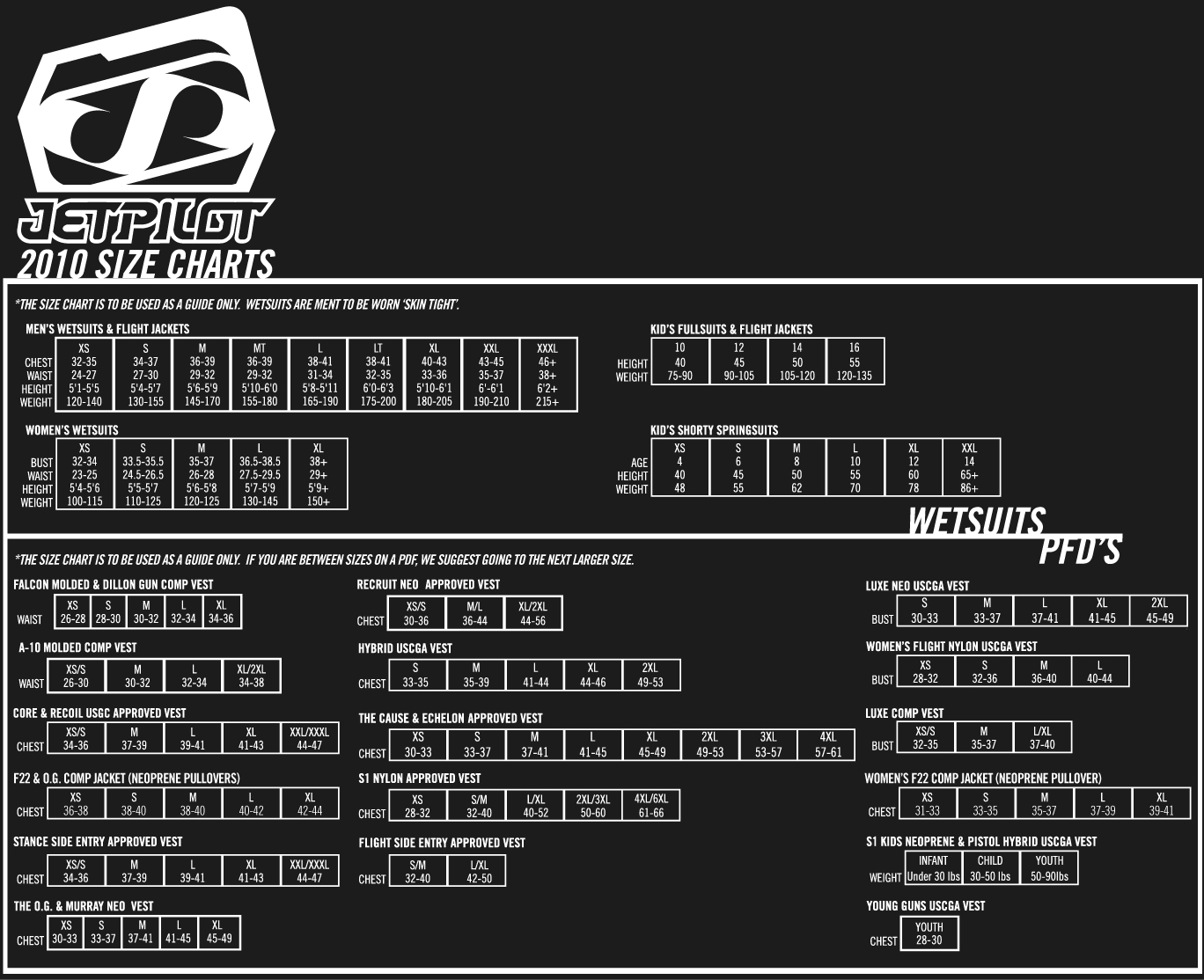 Jet Pilot Vest Size Chart