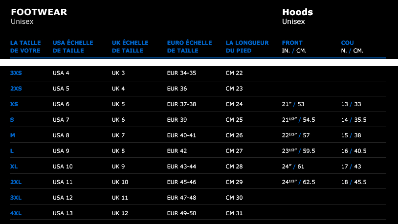 Xcel Booties Size Chart