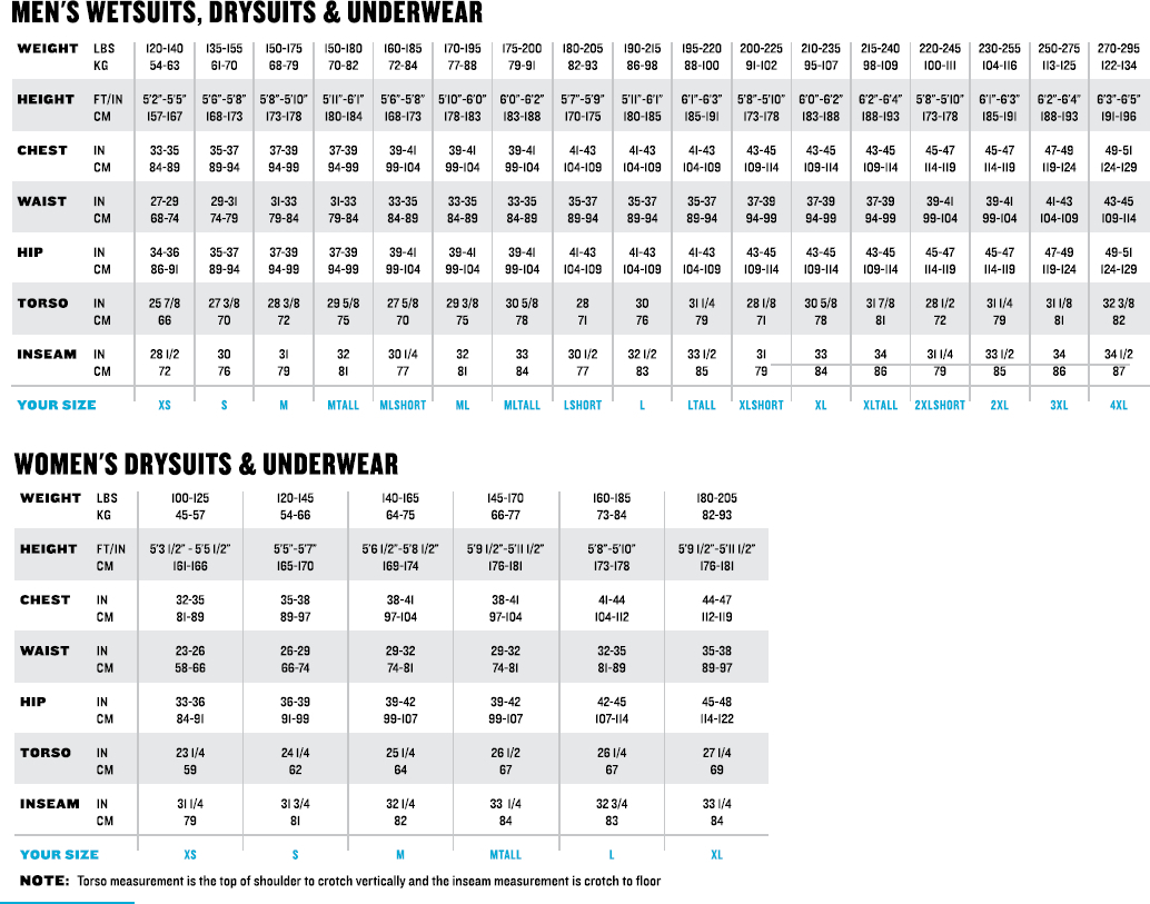 Bare Drysuit Size Chart