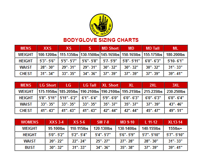 Body Glove Size Chart