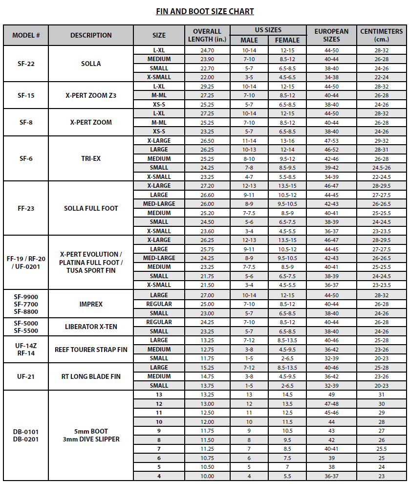 Dive Boot Size Chart