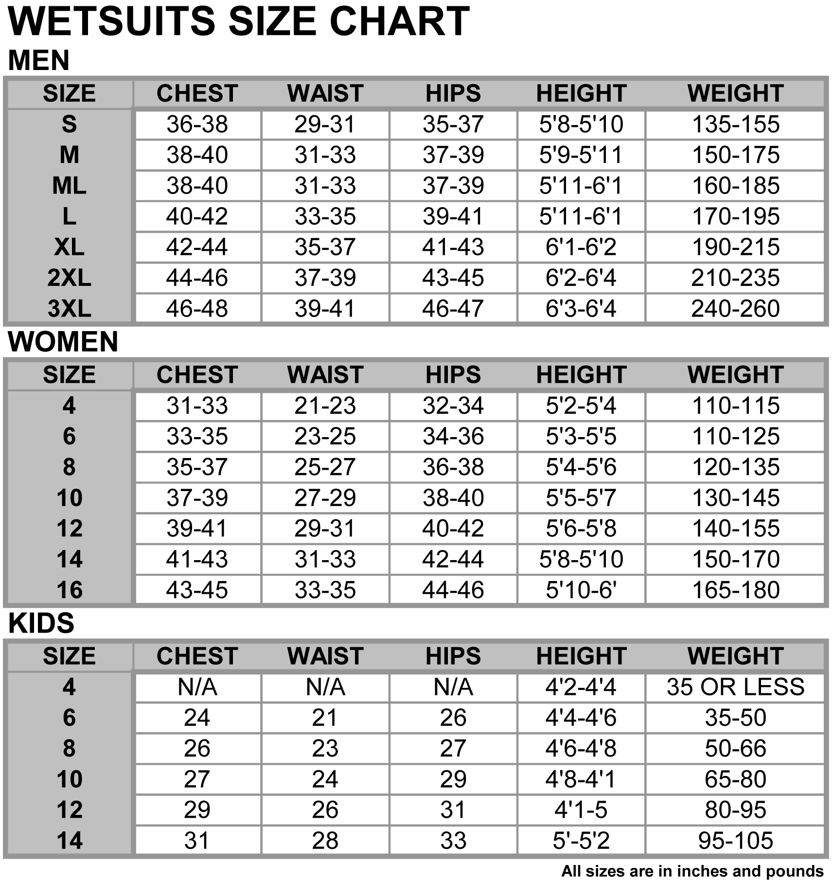 Scubamax Size Chart